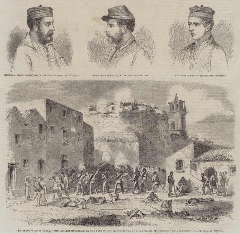 A Revolução na Sicília, o Batalhão Inglês ao Pé da Torre Redonda da Cidadela de Melazzo (gravura) de English School