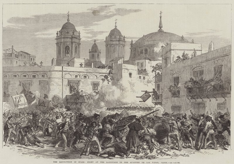 A Revolução em Espanha, Luta na Barricada do Bairro de Los Vinas, Cádis (gravura) de English School