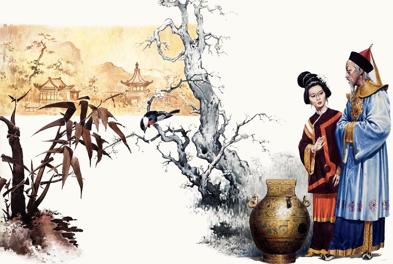 O enigma. Mago da corte chinesa transforma um príncipe em um vaso. de English School