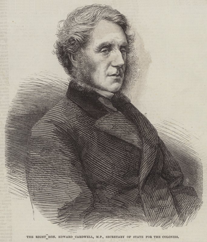 O Honorável Edward Cardwell, Deputado, Secretário de Estado das Colónias (gravura) de English School