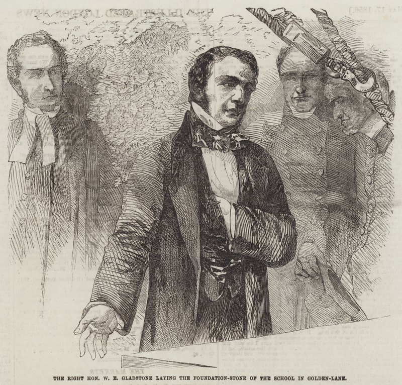 O Honorável Honorável W E Gladstone que coloca a Pedra Fundamental da Escola em Golden-Lane (gravura) de English School