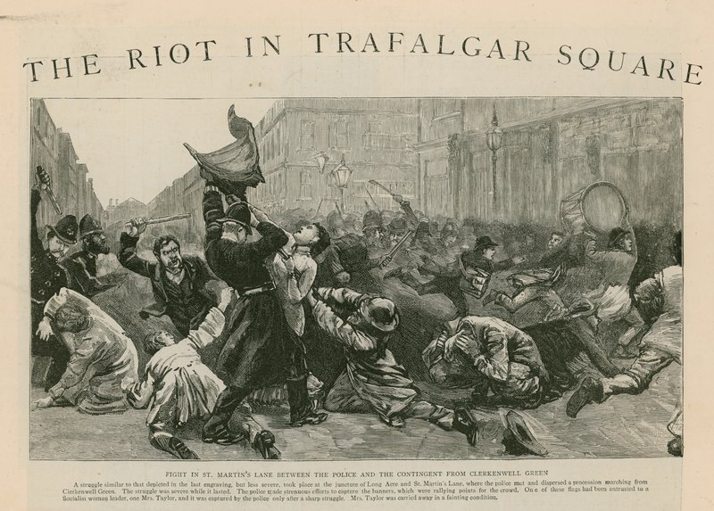 The Riot em Trafalgar Square: Lute em St Martins Lane entre a polícia e o contingente de Clerkenwell Green de English School