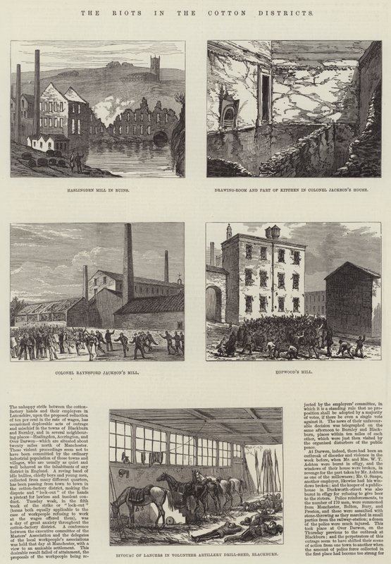 Os Riots nos distritos de algodão (gravura) de English School
