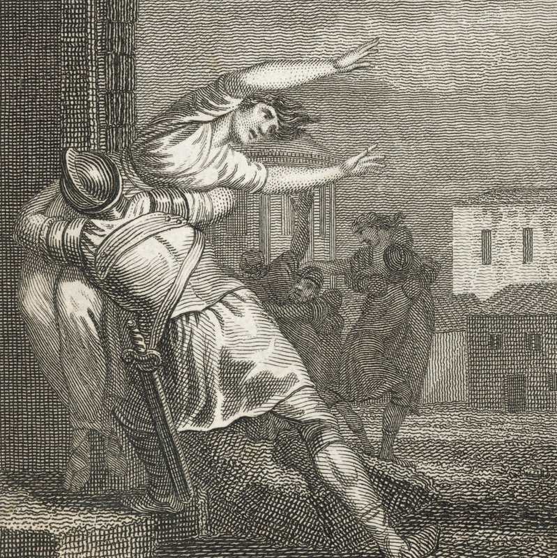 Os romanos levam as mulheres sabinas para as terem como esposas (gravura) de English School