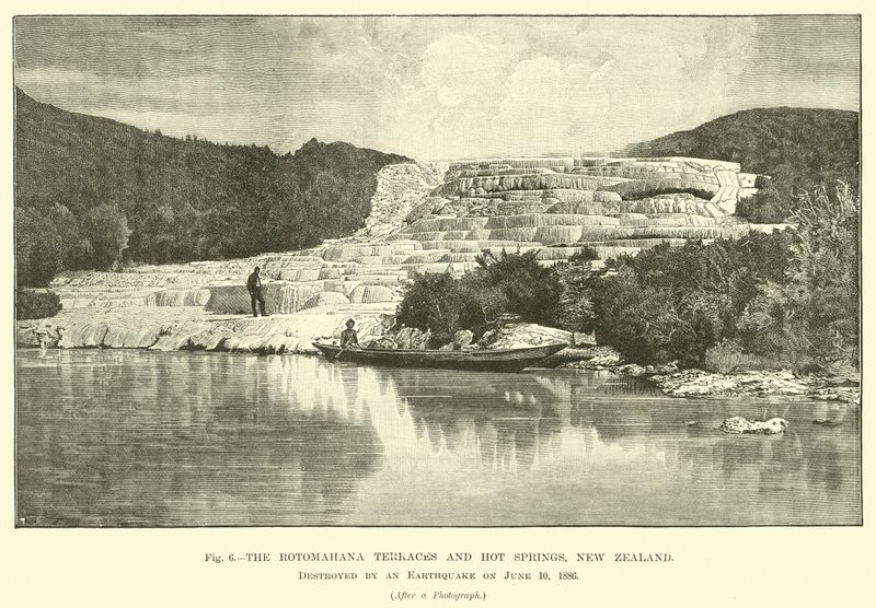 Os terraços e fontes termais de Rotomahana, Nova Zelândia, destruídos por um terremoto em 10 de junho de 1886 de English School