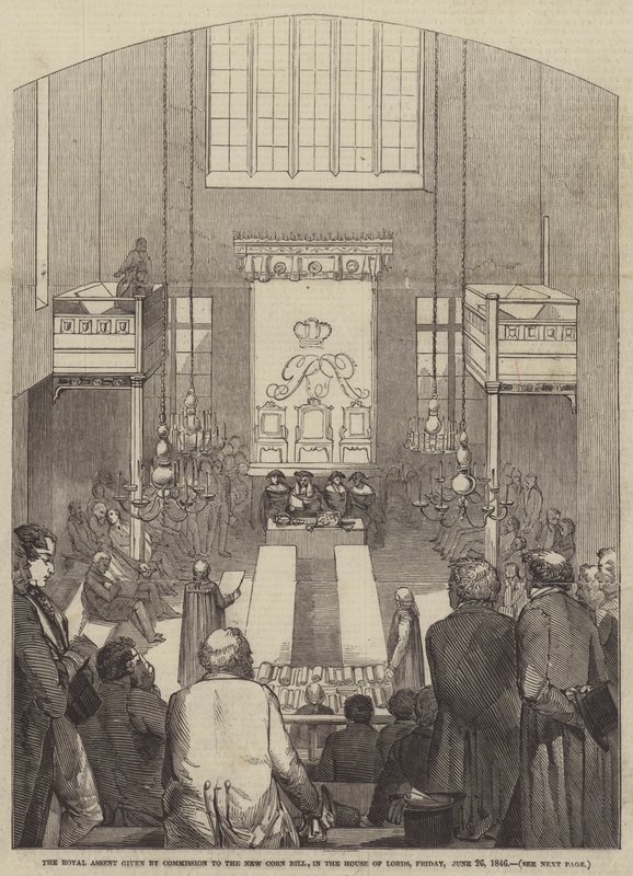 O Assentimento Real dado pela Comissão à Lei do Novo Milho, na Câmara dos Lordes, sexta-feira, 26 de Junho de 1846 (gravura) de English School