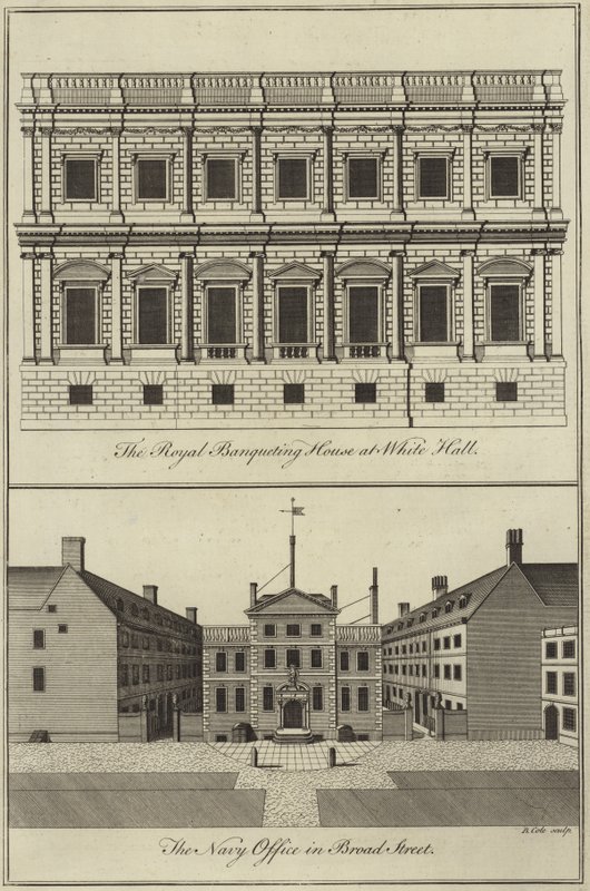 A Royal Banqueting House em Whitehall e o escritório da Marinha em Broad Street, Londres de English School