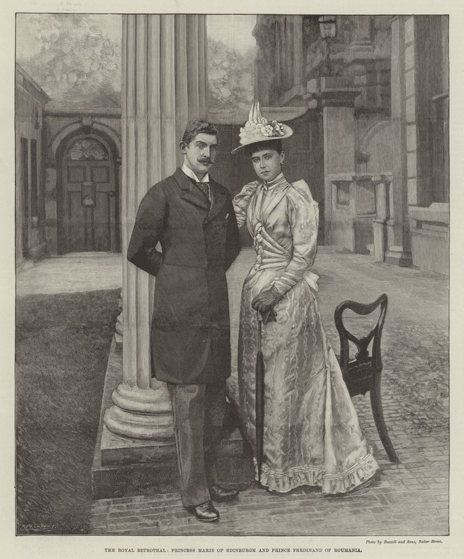 O Royal Betrothal, Princesa Maria de Edimburgo e o Príncipe Fernando de Roumania (gravura) de English School