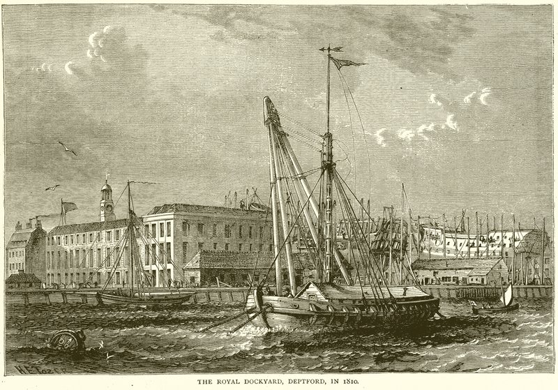 O Royal Duckyard, Deptford, em 1810 de English School
