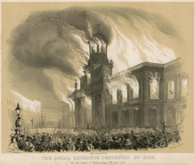The Royal Exchange, Londres, destruído pelo fogo na noite de 10 de janeiro de 1838 de English School