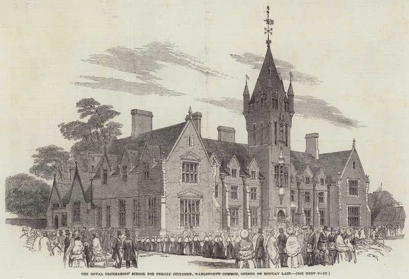 A Escola dos Maçons Reais para Crianças Femininas, Wandsworth Common, abriu na segunda-feira passada (gravura) de English School