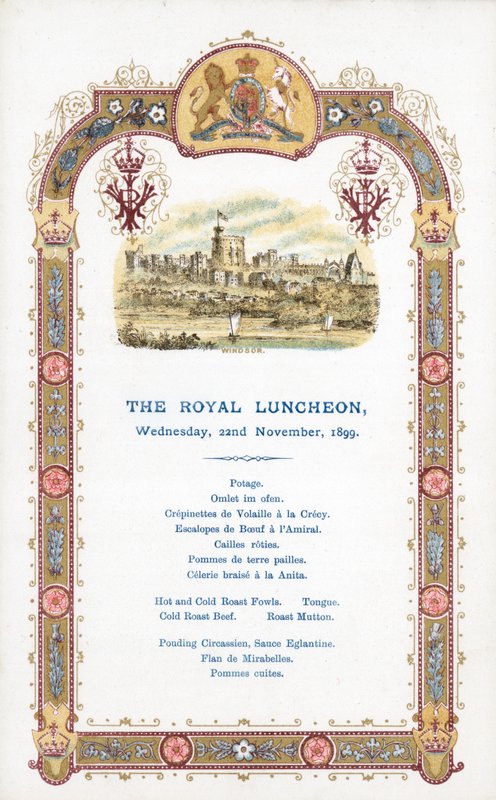 The Royal Luncheon, quarta-feira 22 de novembro de 1899, cardápio de English School