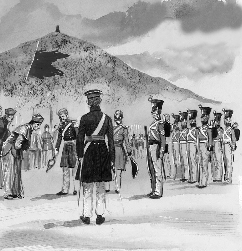 Os Royal Marines ocupando a recém-adquirida ilha de Hong Kong de English School
