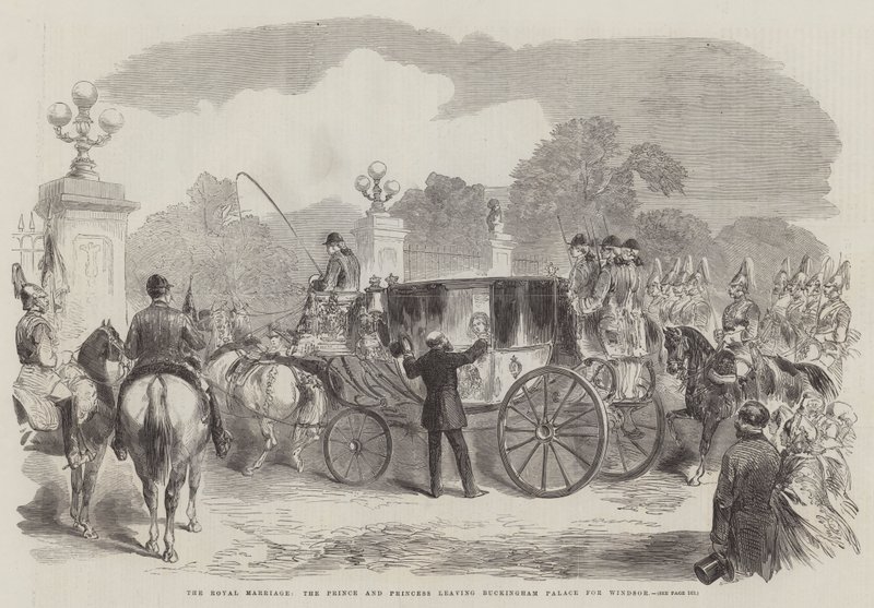 O Casamento Real, o Príncipe e a Princesa deixando o Palácio de Buckingham para Windsor (gravura) de English School