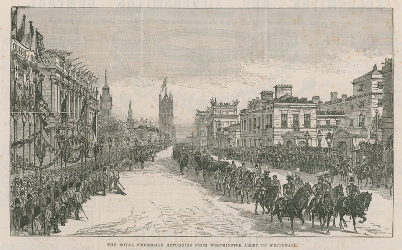 A procissão real retornando da Abadia de Westminster até Whitehall de English School