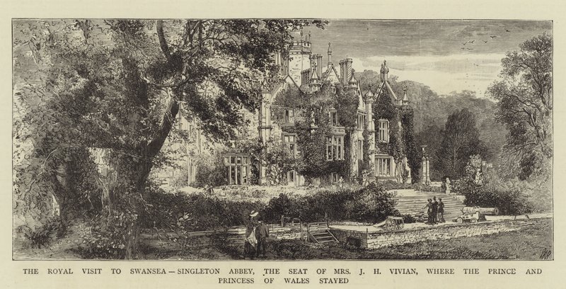 A Visita Real a Swansea, Abadia de Singleton, a Sede da Sra. J H Vivian, onde ficou o Príncipe e a Princesa de Gales (gravura) de English School