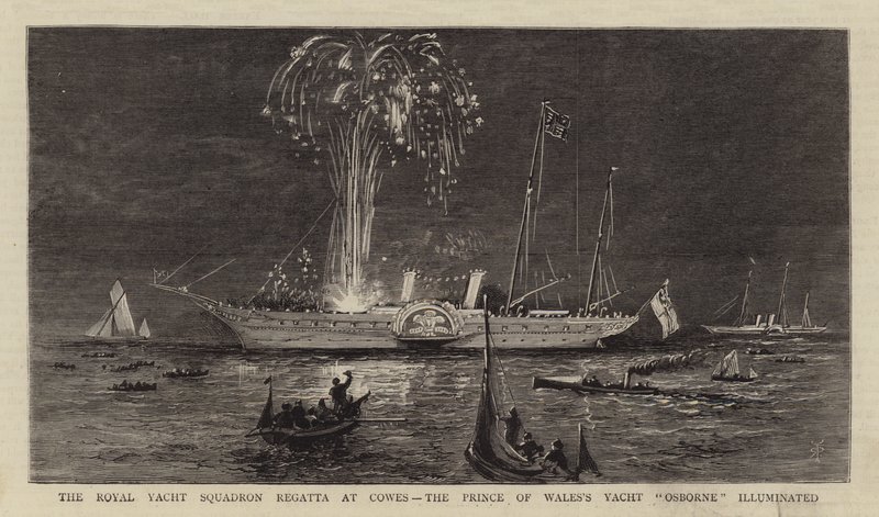 A Regata do Esquadrão Real de Iates em Cowes, o iate do Príncipe de Gales "Osborne" iluminado (gravura) de English School