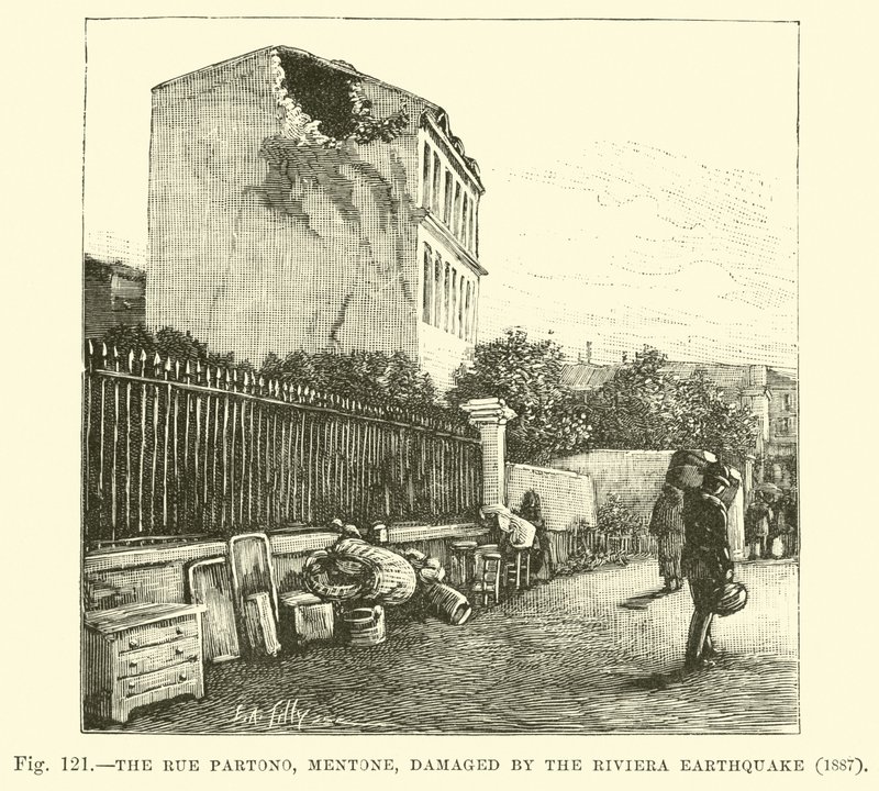 A Rue Partono, Mentone, danificada pelo terremoto de Riviera, 1887 de English School