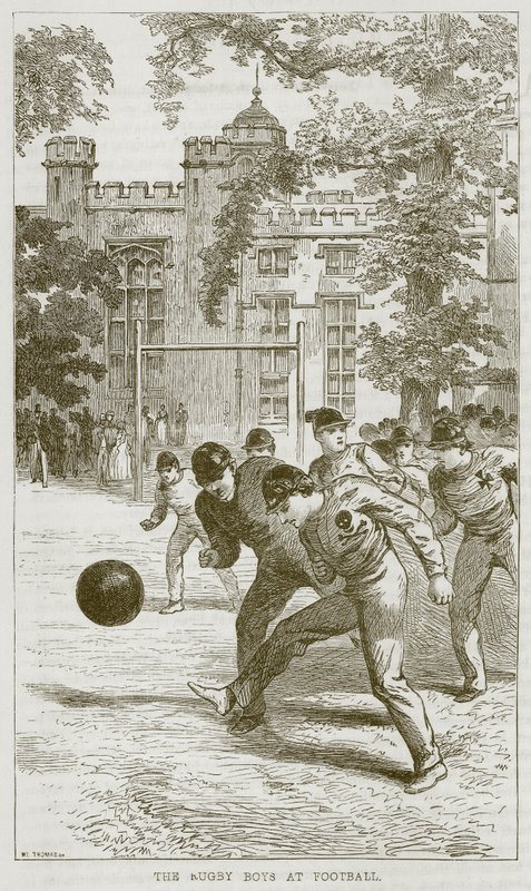 Os Rugby Boys no futebol, ilustração do The Boys Own Volume, c.1860 de English School