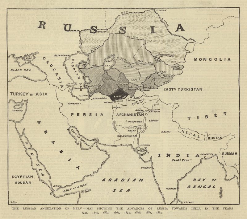 A anexação russa de Merv, mapa mostrando os avanços da Rússia para a Índia nos anos 1734, 1836, 1863, 1867, 1874, 1876, 1881, 1884 de English School