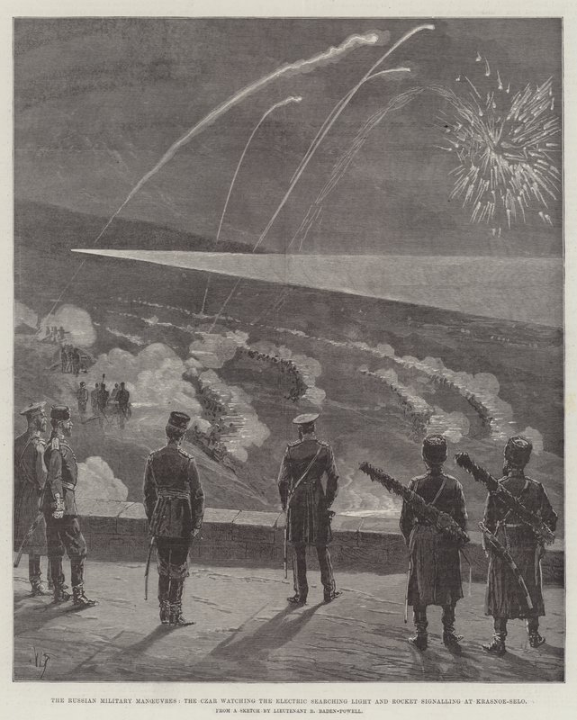 As Manobras Militares Russas, o Czar observando a Luz de Busca Elétrica e a Sinalização de Foguetes no Krasnoe-Selo (gravação) de English School