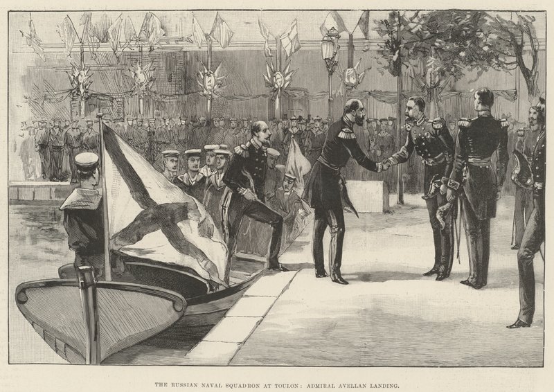 O Esquadrão Naval Russo em Toulon, Almirante Avellan aterragem (gravura) de English School