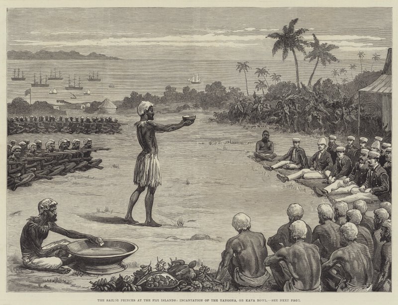 Os Príncipes Marinheiros nas Ilhas Fiji, Incantação da Yangona, ou Kava Bowl (gravura) de English School