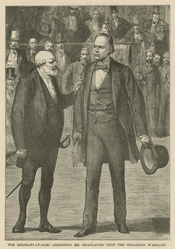 O Sargento de Armas detendo o Sr. Bradlaugh no mandado dos Palestrantes de English School