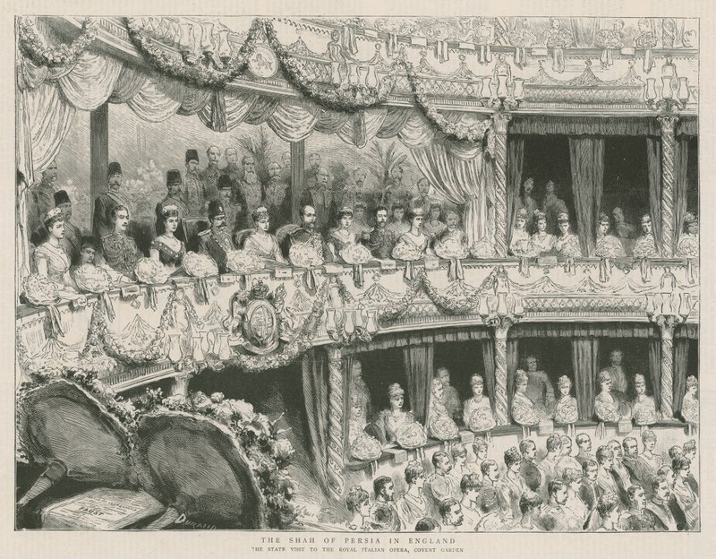 O Xá da Pérsia na Inglaterra; A visita de estado à Ópera Italiana Real, Covent Garden de English School