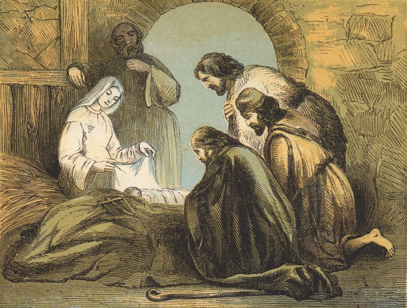 Os Pastores encontrando Jesus (gravura colorida) de English School
