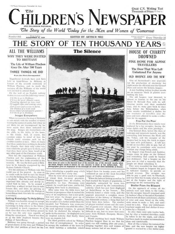 O Silêncio do Dia da Recordação, primeira página do &39;The Children&39;s Newspaper&39;, novembro de 1934 (papel de jornal) de English School
