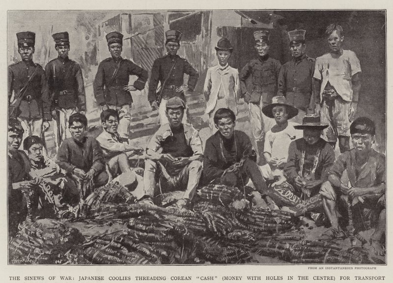 Os Sinews of War, os Coolies japoneses a lançar o Corean "Cash" (dinheiro com buracos no centro) para o transporte (litho) de English School