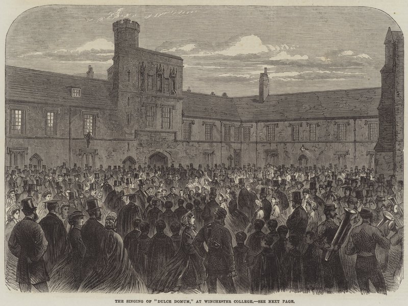 O Canto de "Dulce Domum", no Winchester College (gravura) de English School