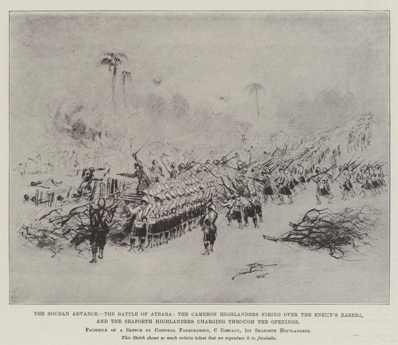 O Avanço do Soudan, a Batalha de Atbara, os Highlanders de Cameron a disparar sobre o Zareba do Inimigo, e os Highlanders de Seaforth a carregar através das aberturas (litho) de English School