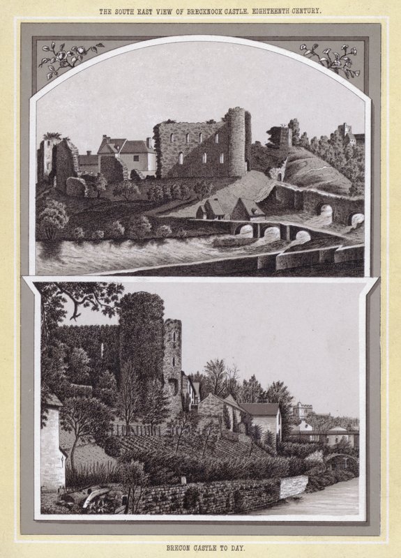 A Vista Sudeste do Castelo Brecknock, Século XVIII; Castelo Brecon até hoje (litho) de English School