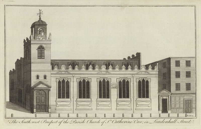 A perspectiva do sudoeste da Igreja Paroquial de Santa Catarina Cree em Leadenhall Street, Londres de English School
