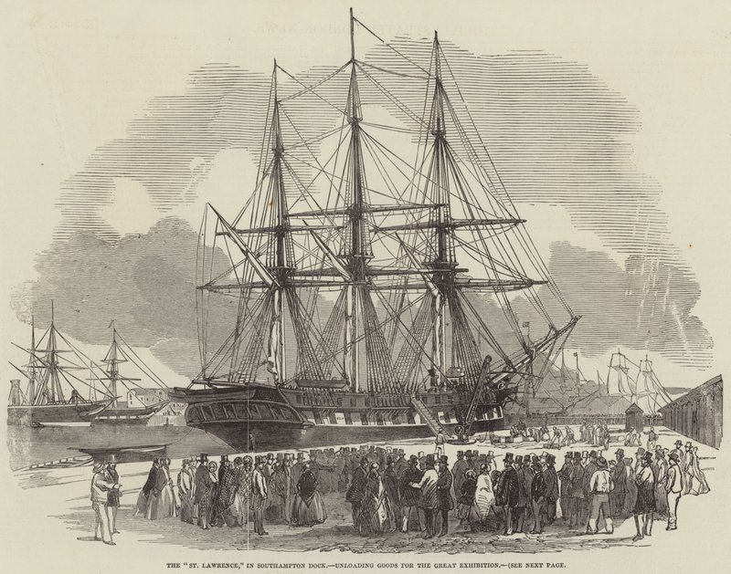 O "St Lawrence", em Southampton Dock, descarregando mercadorias para a Grande Exposição (gravura) de English School