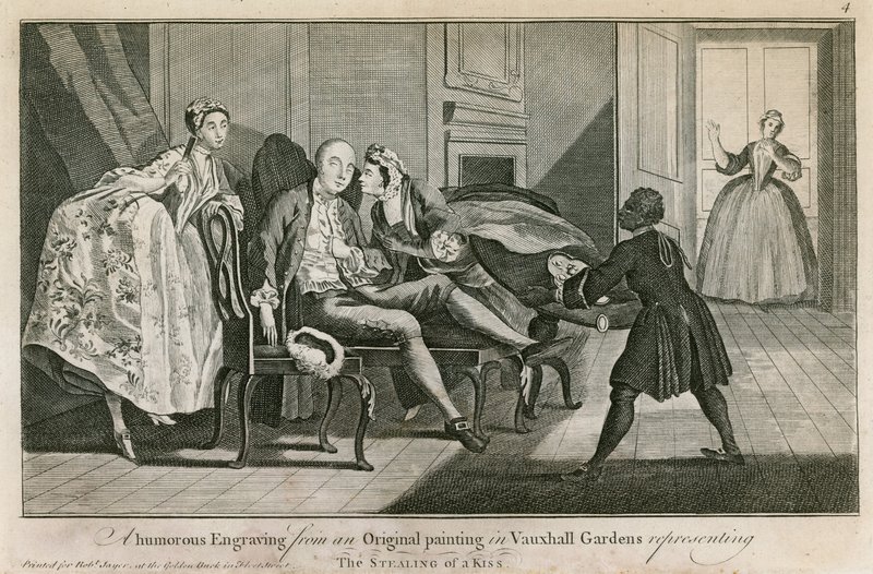 O roubo de um beijo: uma gravura bem-humorada de uma pintura original em Vauxhall Gardens, Londres de English School