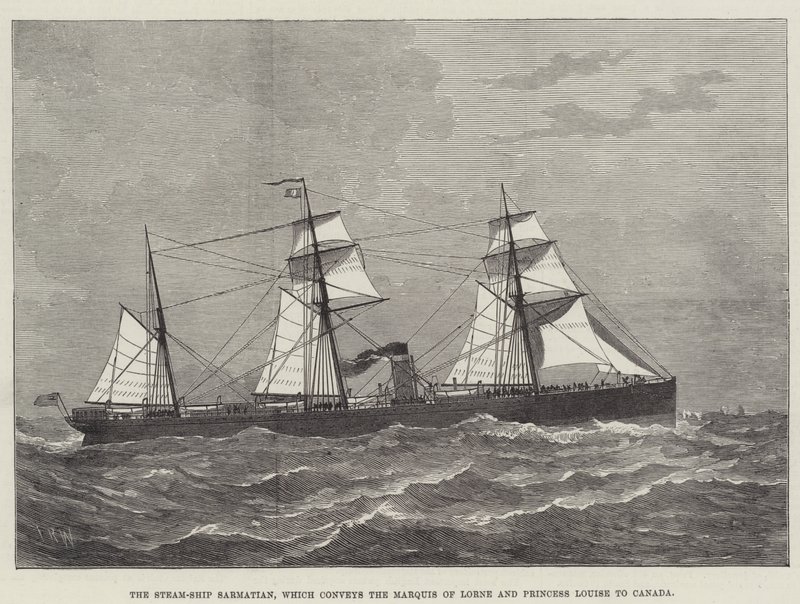 O navio a vapor Sarmatian, que transporta o Marquês de Lorne e a Princesa Luísa para o Canadá (gravura) de English School