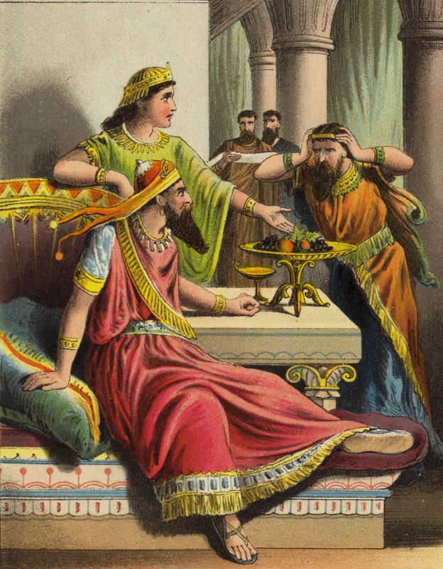 A História da Rainha Esther: Esther acusa Haman (cor litho) de English School