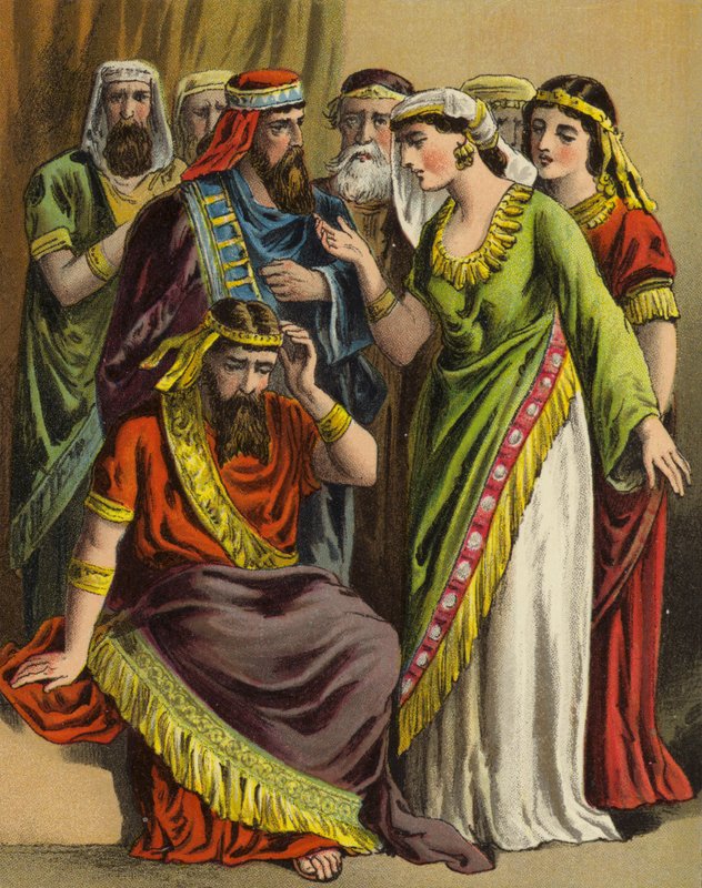 A História da Rainha Esther: Haman apresenta a sua queixa perante Zeresh, a sua esposa e todos os seus amigos (cor litho) de English School