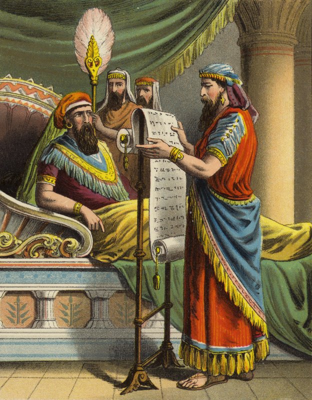 A História da Rainha Esther: O rei Assuero ouve de Mordecai no livro dos discos (cor litho) de English School