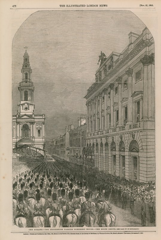 The Strand - a procissão passando Somerset House - os escoceses Grays de English School