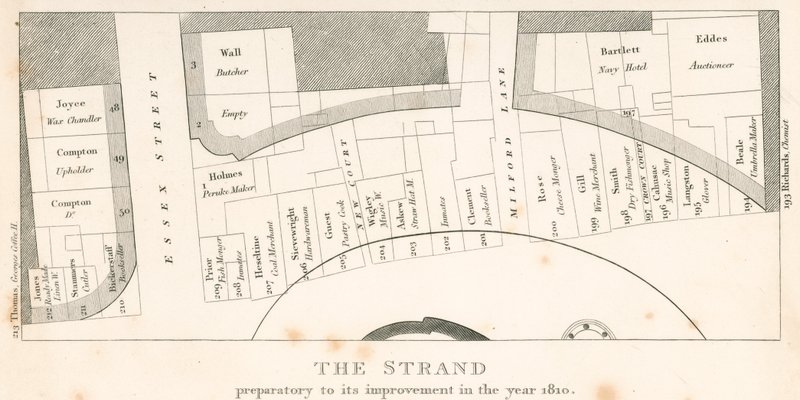 The Strand, Londres, antes de sua melhoria no ano de 1810; plano da área de English School