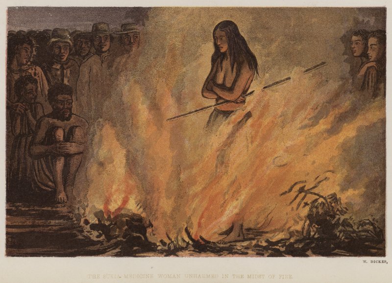 A Medicina Sukia Mulher ilesa no meio do fogo (cor litho) de English School