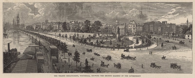 O Thames Embankment, Whitehall, mostrando o terreno reivindicado pelo governo de English School