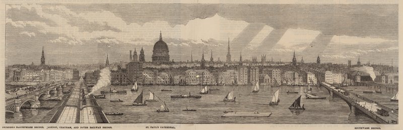 O Thames Embankment no lado norte do Tamisa do Palácio de Westminster até a Ponte Blackfriars de English School