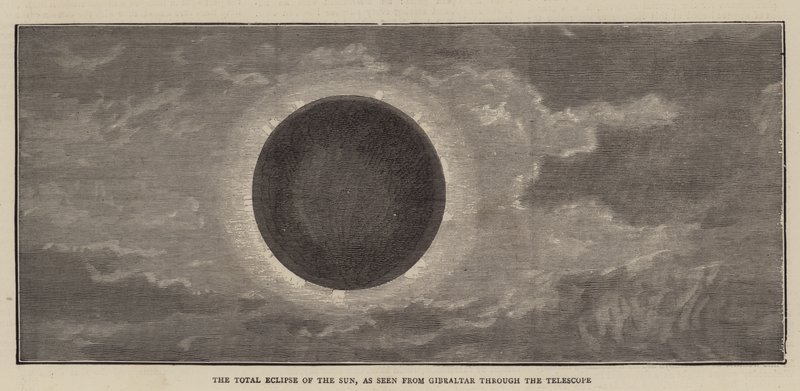 O Eclipse Total do Sol, visto de Gibraltar através do Telescópio (gravura) de English School