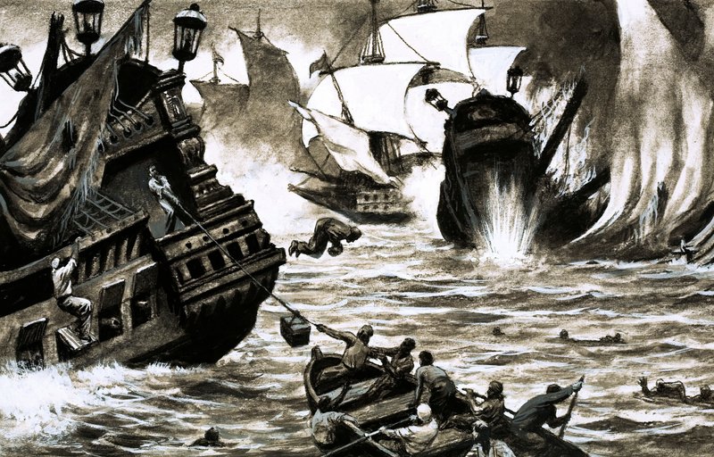 Os Caçadores de Tesouros: O Plunder Afundado de Espanha (guache no papel) de English School