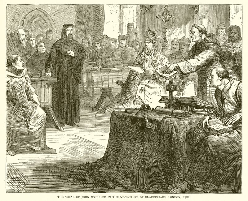 O Julgamento de John Wycliffe no Monastério de Blackfriars, Londres, 1382 de English School